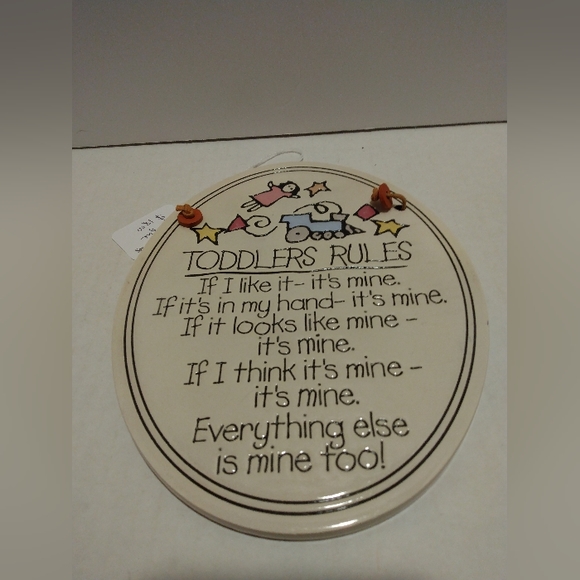Toddler's Rules Spooner Creek Designs handmade ceramic wall plaque. - Picture 1 of 2